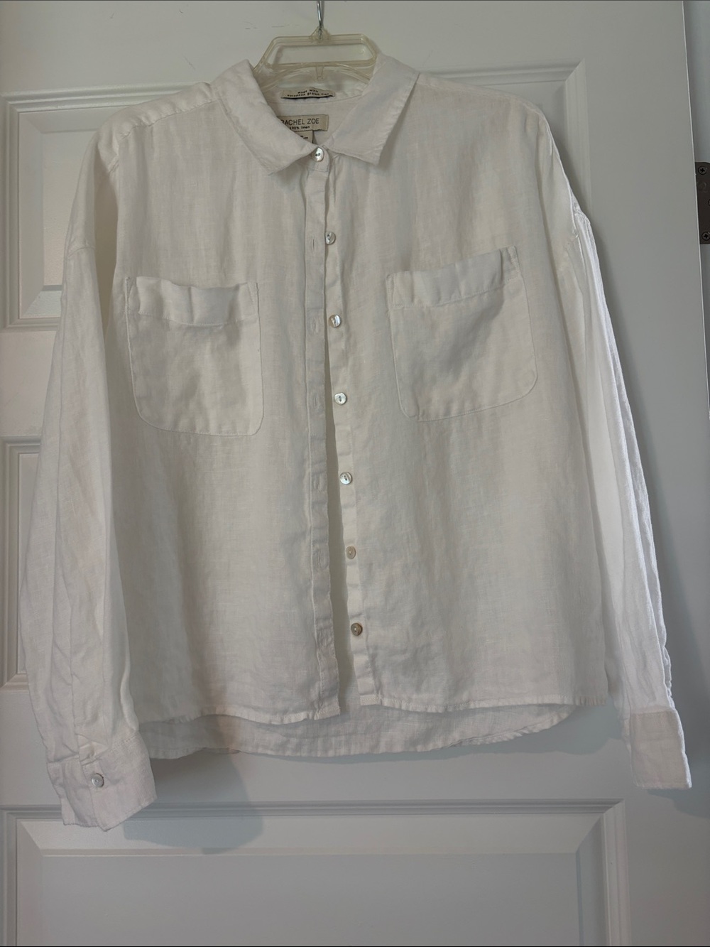 Rachel Zoe White Linen Button-Down Shirt with Chest Pockets